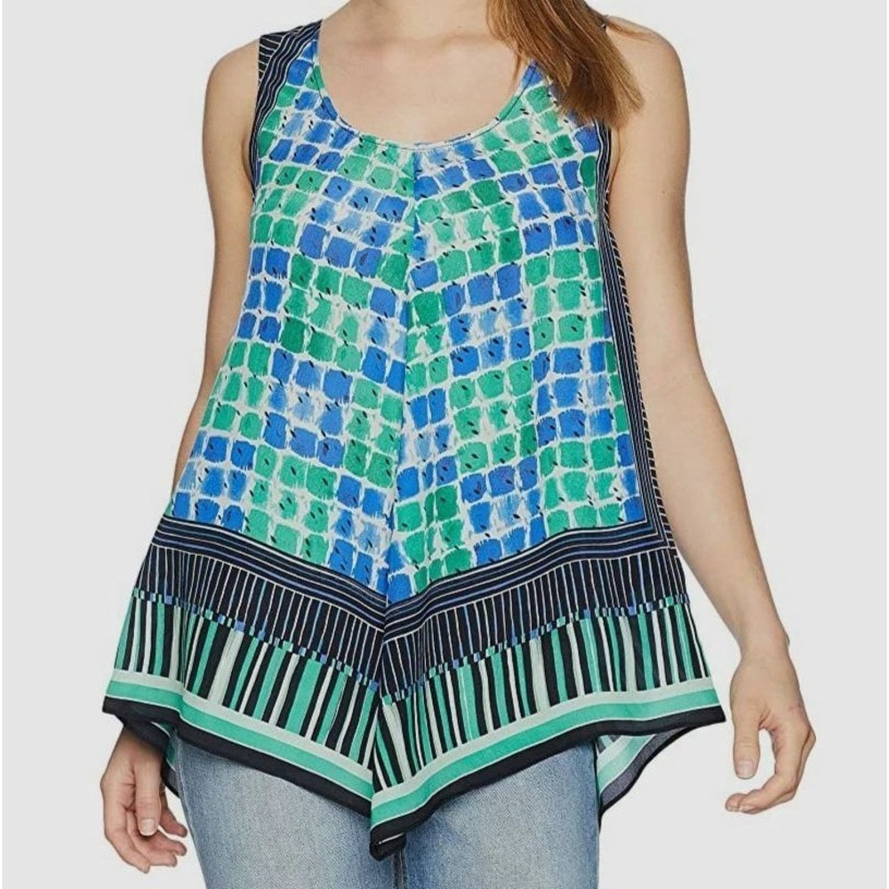 Nic & Zoe Deja Vu‎ Silk Blend Pointed Hem Tank Top XL Blue Geometric Summer